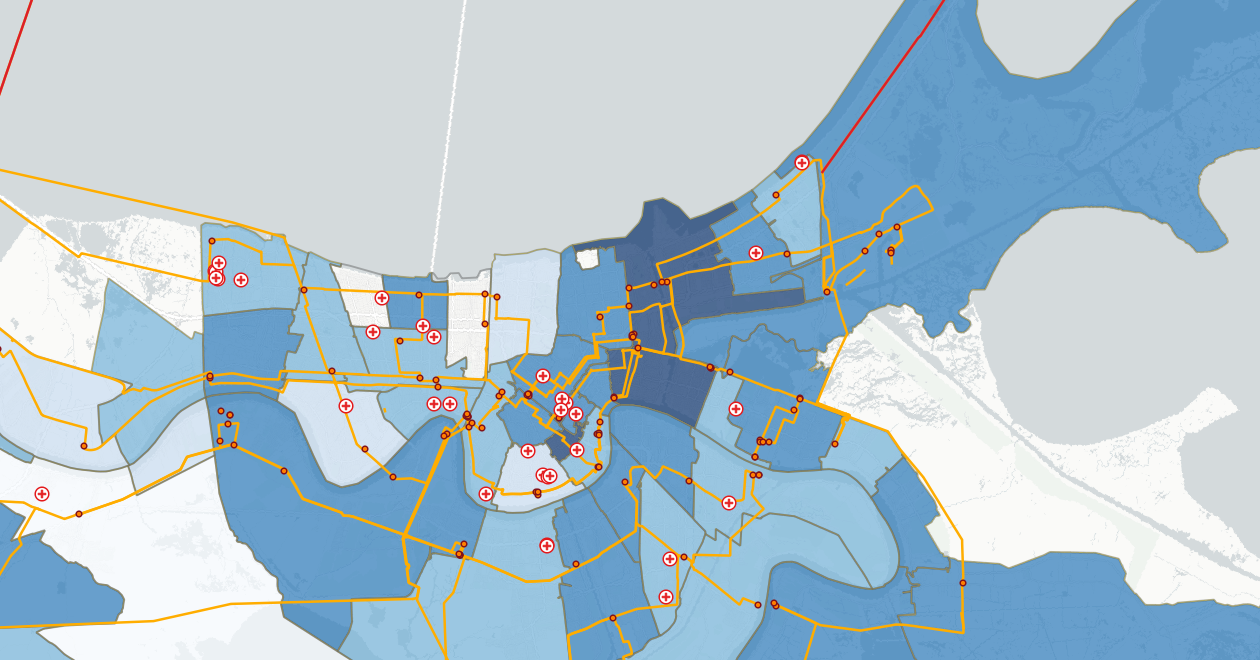 Combined New Orleans map showing healthcare facilities overlaid with energy infrastructure as part of the Medical Energy Risk Profile.