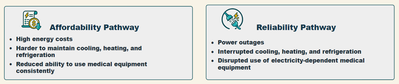 Two pathways to disrupted essential support: affordability pathway and reliability pathway.